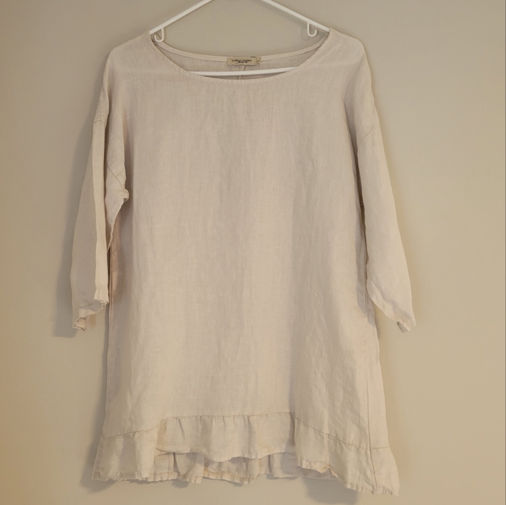 100% linen off white ruffled hem shirt boho vibes